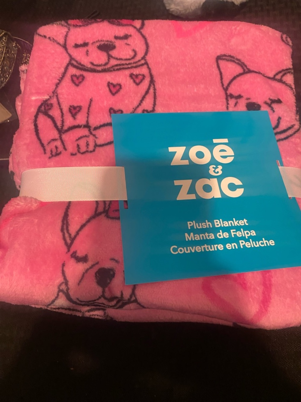 zoe & zac Pink Plush Blanket with Puppy Print 50x70” nwt